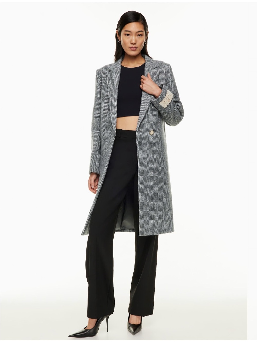 Babaton Women's Gray Herringbone Long Wool-Blend Pea Coat